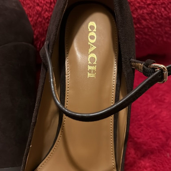 Coach platforms brown suede 4 1/4 in heel 3/4 platform Lightly patted foot bed. - Picture 3 of 3